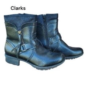 Clarks Leather Riddle Avant Black Ankle Combat Biker Casual Dress Boot Women 8
